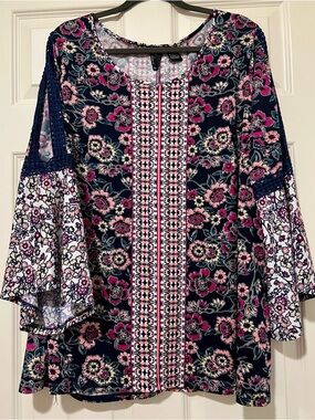 new directions Navy Floral Bell-Sleeve Blouse with Pink Accents